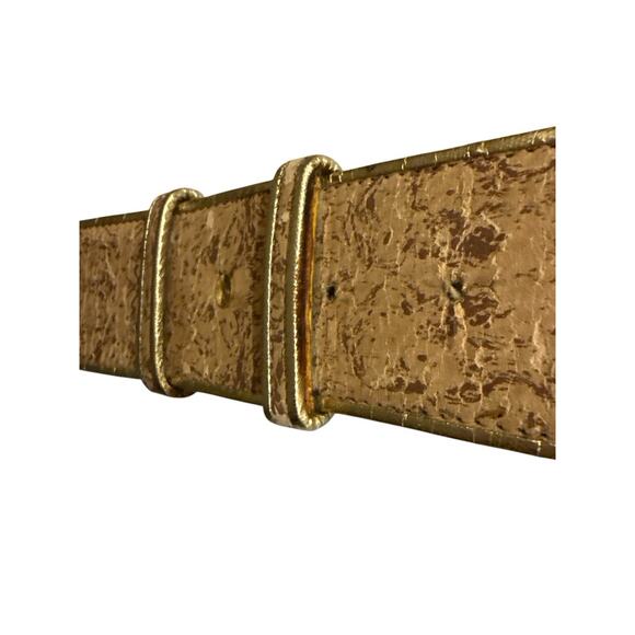 Vtg Belt Julius Resnick 80s Wide Faux Cork Gold Hook Buckle Boho Hippie Statemen